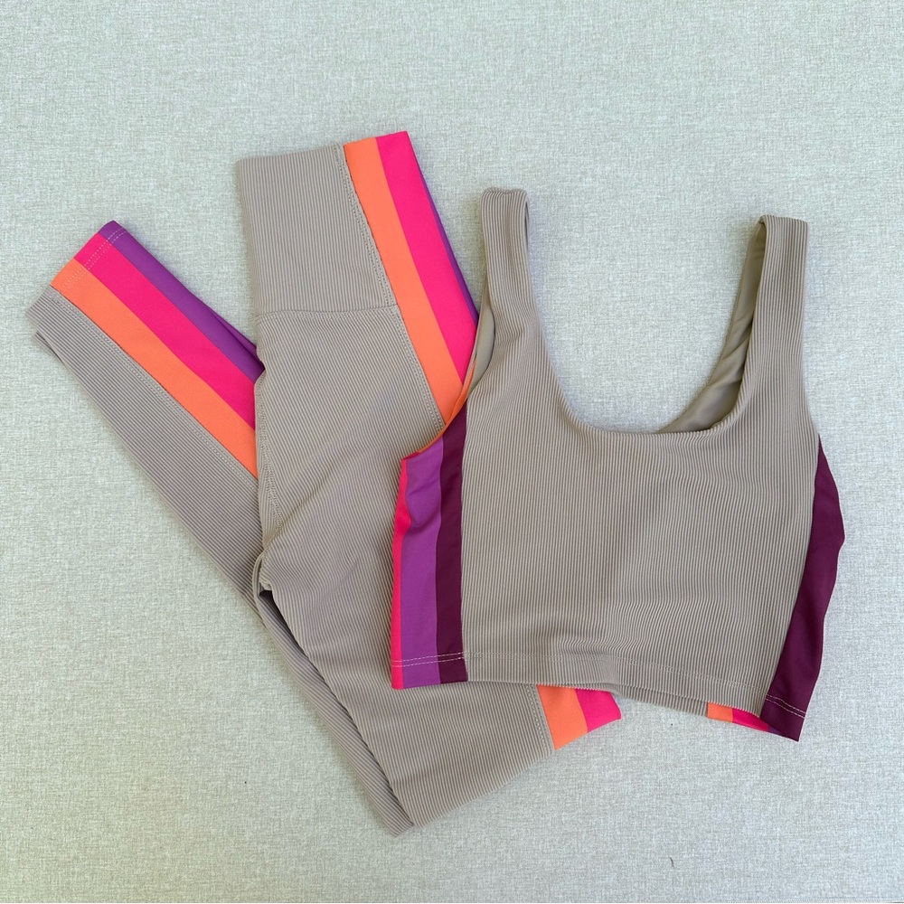Beach Riot Tan and Colorful Striped Sports Bra and Leggings